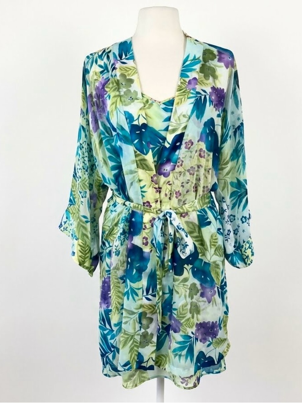 Vintage Chemise Slip Robe Set Colorful Floral Print Feminine Lingerie Romantic